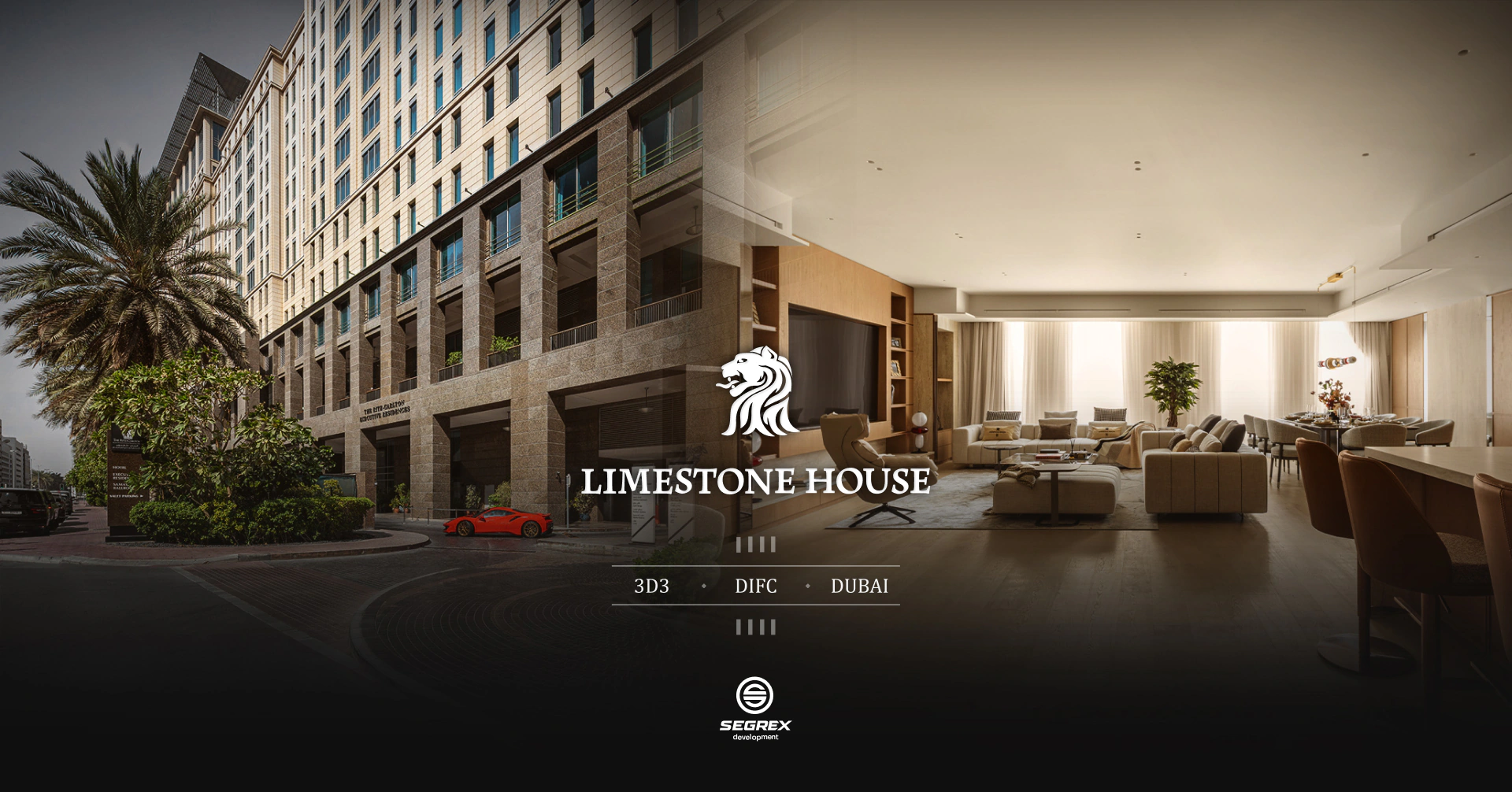 Limestone House facade and apartment 3D3 living space in DIFC